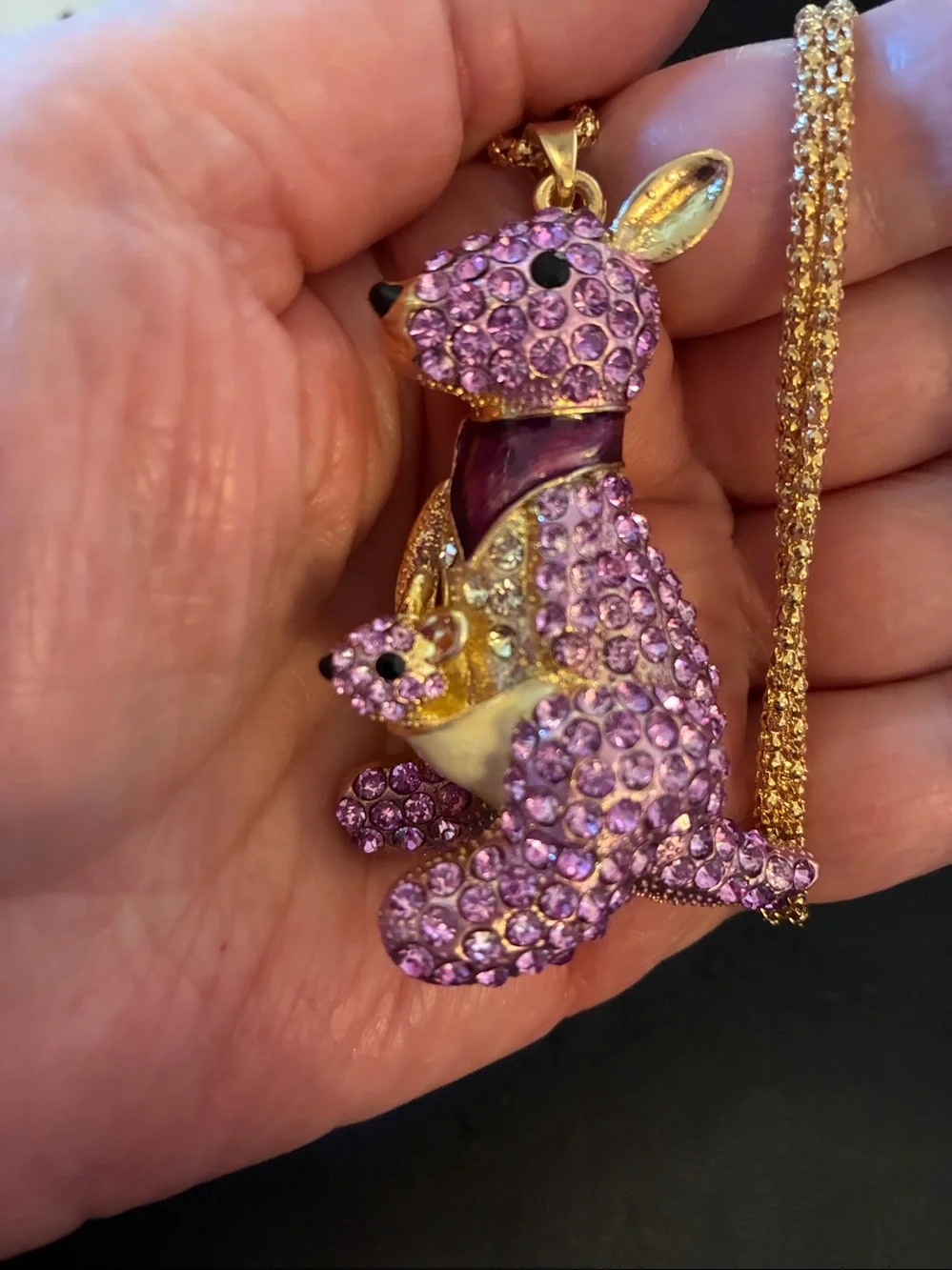 Purple Crystal kangaroo with baby in pouch Pendant Necklace